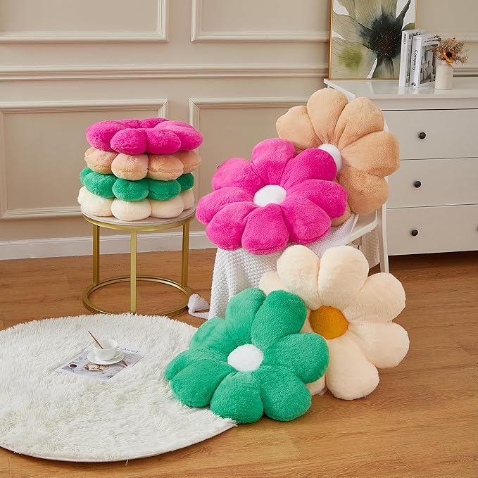 20" Large Hot Pink Flower Pillow Floor Pillow Seat Cushion – Faux Rabbit Fur Plush Throw Pillow, Cozy Floor Cushion & Gift for Kids Girls Adults
