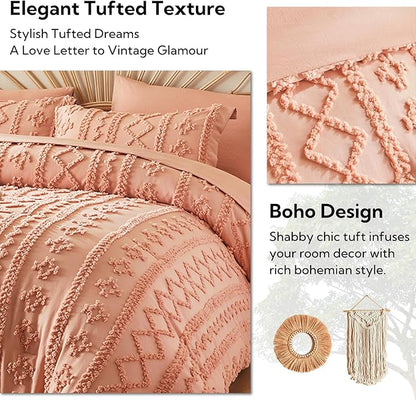 MR&HM King Size Comforter Set Coral Pink, 7 Pieces Tufted Boho Beddding Sets, Farmhouse Style Bed in a Bag with 1 Comforter, 2 Pillow Shams, 2 Pillowcases, 1 Flat Sheet, 1 Fitted Sheet for All Seasons