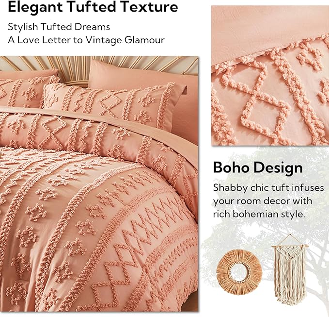 MR&HM Queen Comforter Set Coral Pink, 7 Pieces Tufted Boho Beddding Sets, Farmhouse Style Bed in a Bag with 1 Comforter, 2 Pillow Shams, 2 Pillowcases, 1 Flat Sheet, 1 Fitted Sheet for All Seasons