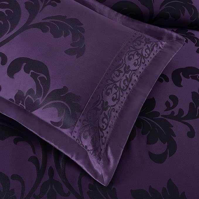 Chezmoi Collection Valor 7-Piece California King Bed in a Bag, Purple/Dark Purple Luxury Jacquard Floral Comforter with Sheets Set for All Season