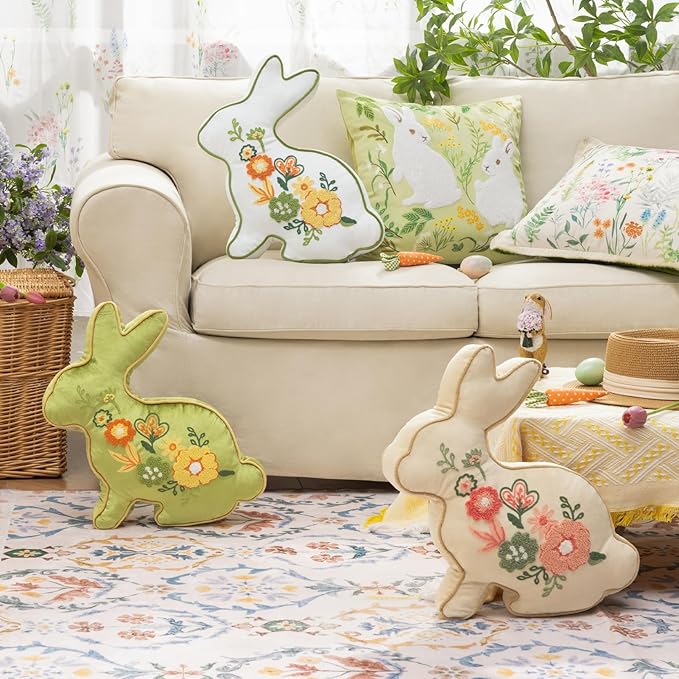 Phantoscope Happy Easter Bunny Shaped Throw Pillow, Embroidered Floral Patterns Cushion Soft Velvet Easter Rabbit Decorative Pillow for Couch Living Room Bed, Green,18.5 x 13 inches