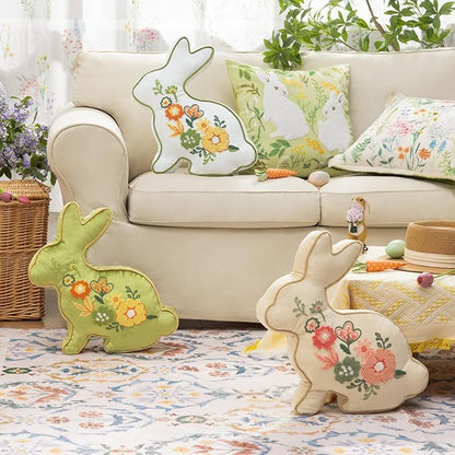 Phantoscope Happy Easter Bunny Shaped Throw Pillow, Embroidered Floral Patterns Cushion Soft Velvet Easter Rabbit Decorative Pillow for Couch Living Room Bed, Green,18.5 x 13 inches