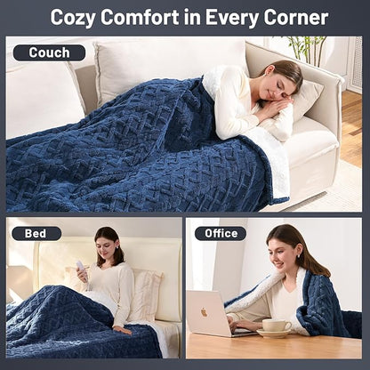 Heated Throw Blanket Electric - 50"x60" Electric Blanket Throw with 9 Heat Levels and 1-10 Hours Timer, Soft Jacquard Fleece & Sherpa Washable, Great Gift Idea - Navy Blue