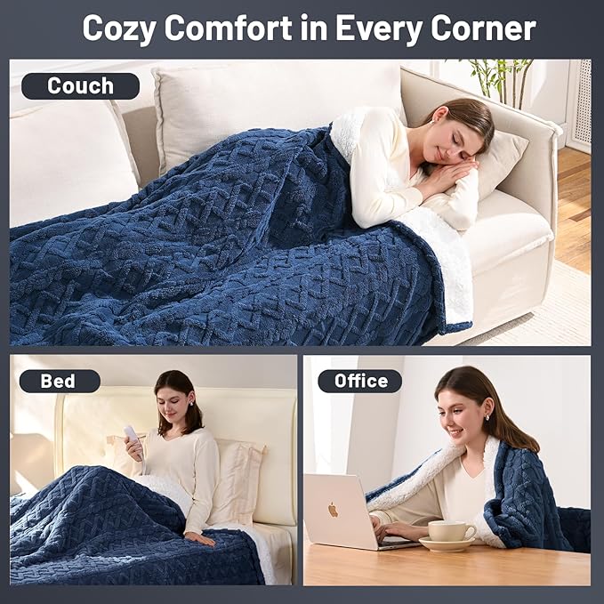 Heated Blanket Electric Twin Size - 62"x84" Electric Blanket with 9 Heat Levels and 1-10 Hours Timer, Soft Jacquard Fleece & Sherpa Washable, Great Gift Idea - Navy Blue