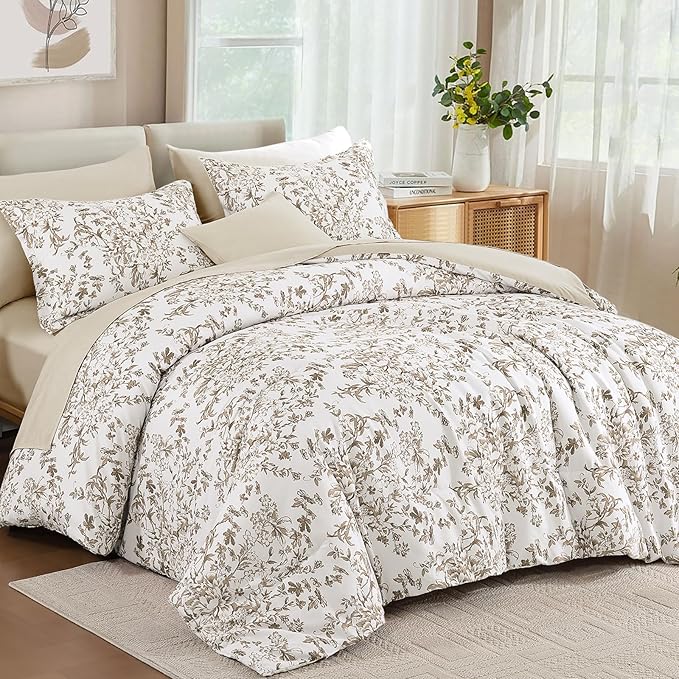 WONGS BEDDING Comforter Set Queen Size, 8 Pieces Brown Floral Botanical Comforter Sets, Bed in a Bag Soft Lightweight Microfiber Bedding Sets for All Seasons (90"x90")