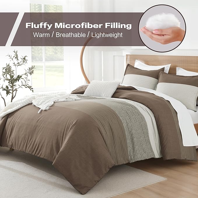 Litanika Comforter Set King Size Coffee - 3 Pieces Lightweight Colorblock Stripe Fluffy Bedding Comforter Sets, All Season Bed Set