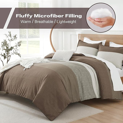 Litanika Comforter Set King Size Coffee - 3 Pieces Lightweight Colorblock Stripe Fluffy Bedding Comforter Sets, All Season Bed Set