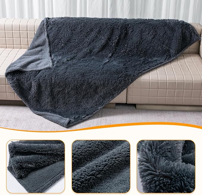 Waterproof Gray Pet Blanket for Dogs 65X57in Fluffy Long Faux Fur Pets Throw Blankets for Large Dog Cat Puppy Couch Cover Love Bed Protector Mat Washable(Grey,L)
