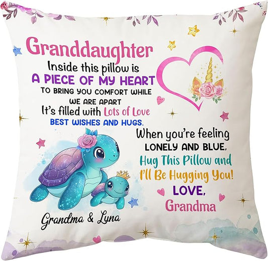 Hyturtle Personalized Granddaughter Pillow (Insert Included) Gifts from Grandma - Birthday Graduation Gifts for Granddaughter - Sea Turtle Custom Name Sofa Couch Cushion Home Decor Pillow