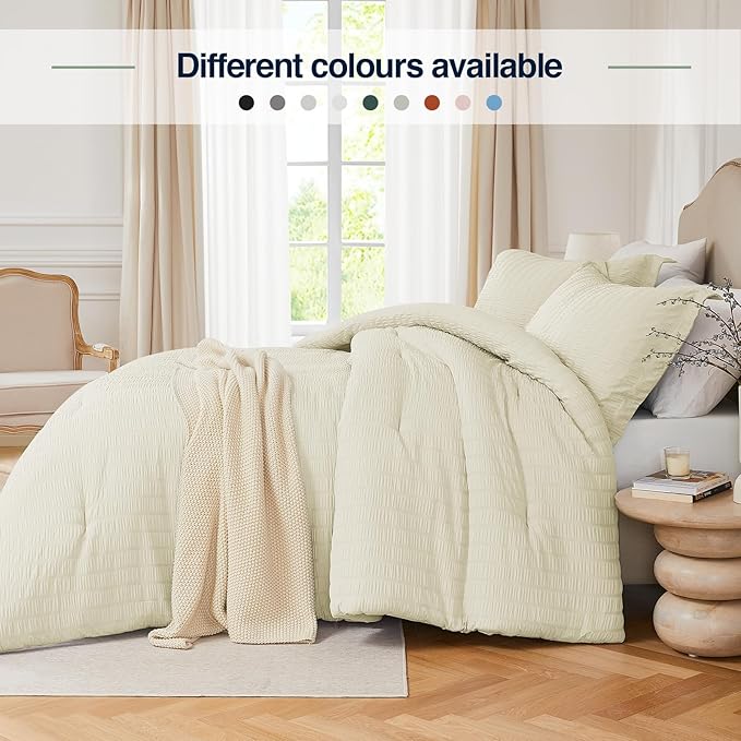 King Comforter Set Cream,3PCS Seersucker Lightweight Bedding Comforter for All Season, King Size(104''×90'' Comforter & 2 Pillowcases)