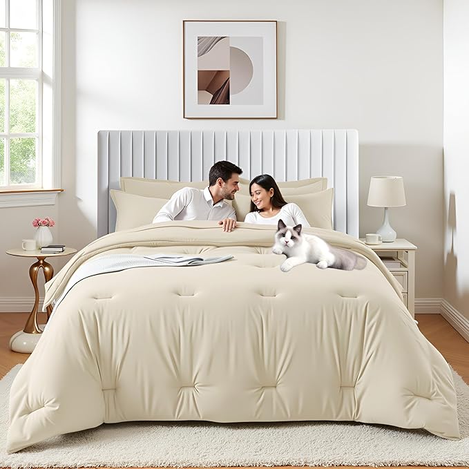 Queen Comforter Set 7 Piece - Soft Bed in a Bag Queen Size Comforter Sets, Cozy Luxury Bedding Sets with All Season Comforter, Flat Sheet, Fitted Sheet,2 Pillowcases & 2 Shams, Beige