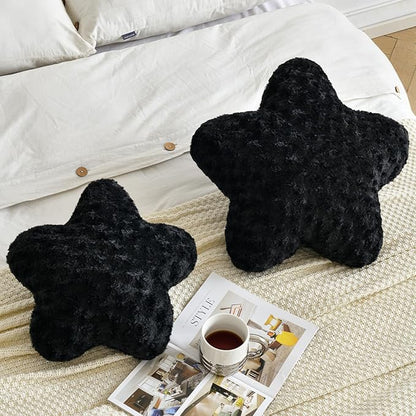 Star Pillow, 19.7" Star Shaped Plush Pillow for Couch Bed Sofa, Cute Decorative Throw Pillows with Soft Faux Fur Room Decor for Bedroom Living Room (Black)