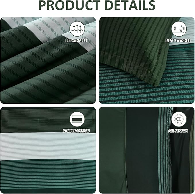 Anibedding Dark Green King Size Comforter Set, 7 Piece Green Striped Bed in a Bag, Soft Microfiber All Season Bedding Set with Comforter, Sheets, Pillowcases & Shams