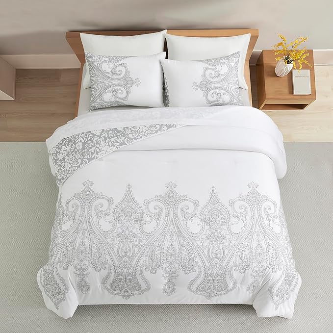 Sunshine Nicole Reversible Comforter Set, Brushed Microfiber Fabric with Embroidery for Front and Printed Microfiber Fabric for Reverse, 3 Pieces Grey White King