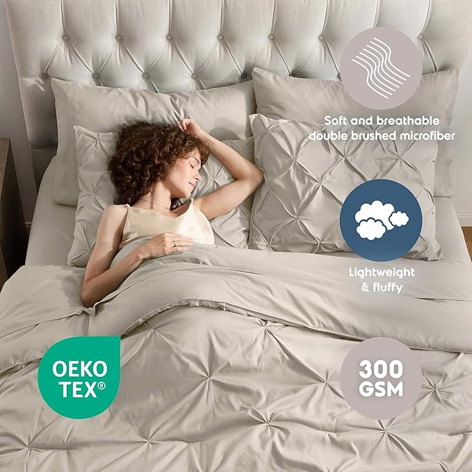 Nestl Queen Comforter Set 7 Piece - Pinch Pleated Comforters Queen Size Beige, Bed in a Bag Queen All Season, Queen Size Comforter Sets Bedding with Flat Sheet and Fitted Sheet, Pillowcases and Shams