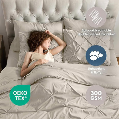 Nestl Queen Comforter Set 7 Piece - Pinch Pleated Comforters Queen Size Beige, Bed in a Bag Queen All Season, Queen Size Comforter Sets Bedding with Flat Sheet and Fitted Sheet, Pillowcases and Shams