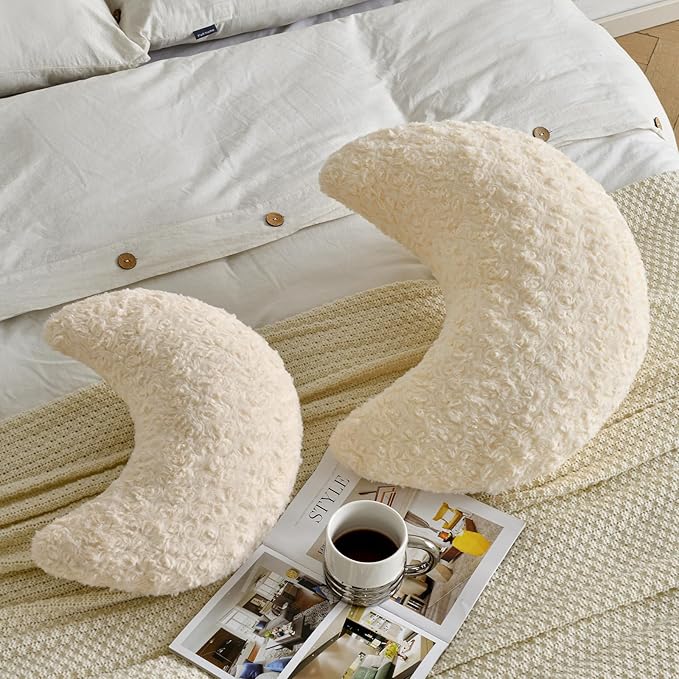 Moon Shaped Pillow with Soft Faux Fur for Couch, Bed, Sofa - Cute Half Moon Pillows with Room Decor for Bedroom, Living Room (19 Inches, Beige)