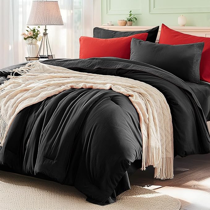Anluoer Black and Red King Comforter Set 7 Pieces, Bed in a Bag with Sheets, All Season Bedding Sets with 1 Comforter, 2 Pillow Shams, 2 Pillowcases, 1 Flat Sheet, 1 Fitted Sheet