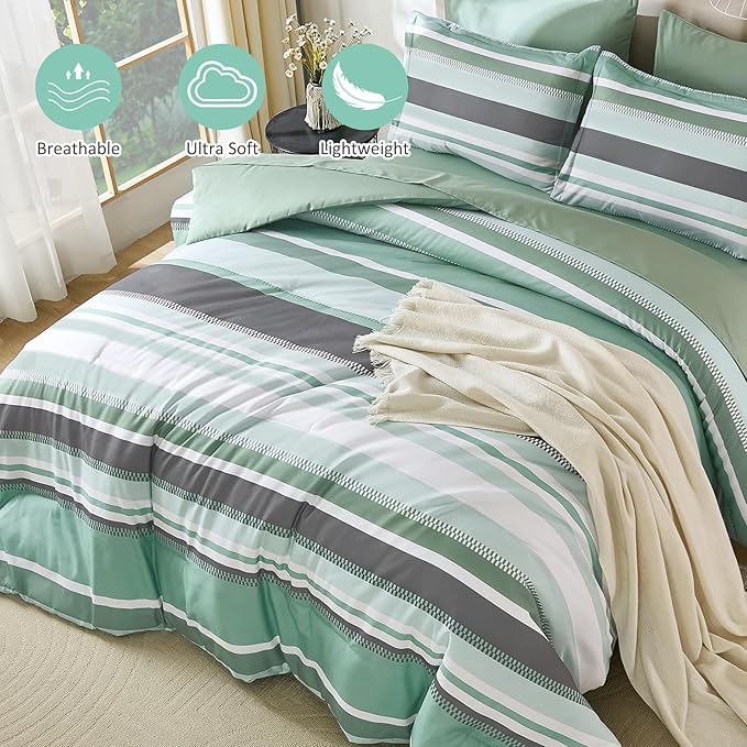 WONGS BEDDING Green Comforter King Size Set, 7 Pieces Bed in a Bag Green and Grey Comforter Set, Soft Boho Striped Bedding Sets with Sheets, Pillowcases & Shams