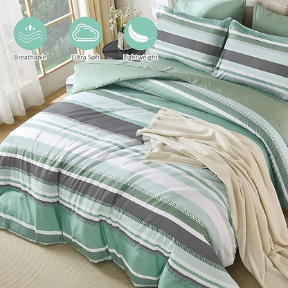 WONGS BEDDING Green Comforter King Size Set, 7 Pieces Bed in a Bag Green and Grey Comforter Set, Soft Boho Striped Bedding Sets with Sheets, Pillowcases & Shams