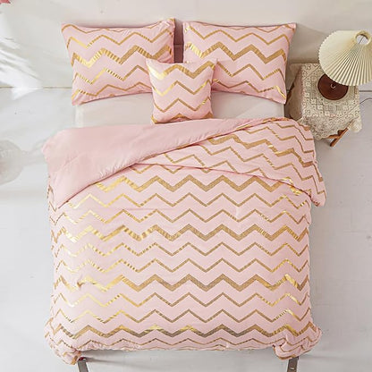 Menghomeus Pink Comforter Set King Size Metallic Blush and Rose Gold Bed Comforter 4 Piece Soft Microfiber Bedding for Teen Girls Women (2 Pillow Shams + 1 Decorative Pillow Sham)