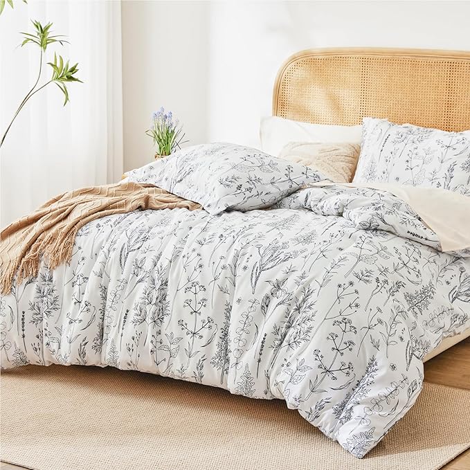 Love's cabin White Twin Size Comforter Set - Twin XL Size Dorm Bedding, 2 Pieces Cute Floral Bedding Comforter Set, Reversible Botanical Flowers Comforter, 1 Comforter & 1 Pillow Sham