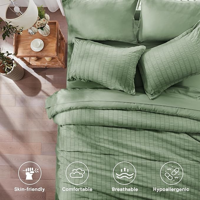 Zzlpp Queen Comforter Set 7 pieces, Sage Green Seersucker Bed in a Bag with Comforter and Sheets, All Season Bedding Sets with 1 Comforter, 2 Pillow Shams, 2 Pillowcases, 1 Flat Sheet, 1 Fitted Sheet