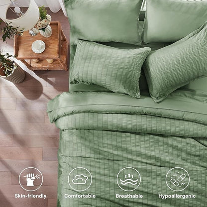 Zzlpp Full Comforter Set 7 Pieces, Sage Green Seersucker Bed in a Bag with and Sheets, All Season Bedding Sets 1 Comforter, 2 Pillow Shams, Pillowcases, Flat Sheet, Fitted Sheet, ZPUS23CF04SA8286