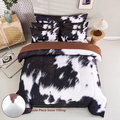 SUCSES Cow Print Comforter Set Queen Size, 8Pcs Cow Fur Print Bed Quilt Set with Comforter and Sheets, Super Soft Farmhouse Style Bed Bedding Sets for Teens Boys
