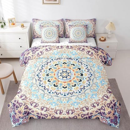 Bohemian Mandala Bedding Comforter Sets 7pcs Vintage Art Deco Bed in a Bag Oriental Flower Twin Bedding Sets Abstract Art Comforter Set Retro Medallion Bedding Sets & Collections Navy Blue Beige Puple