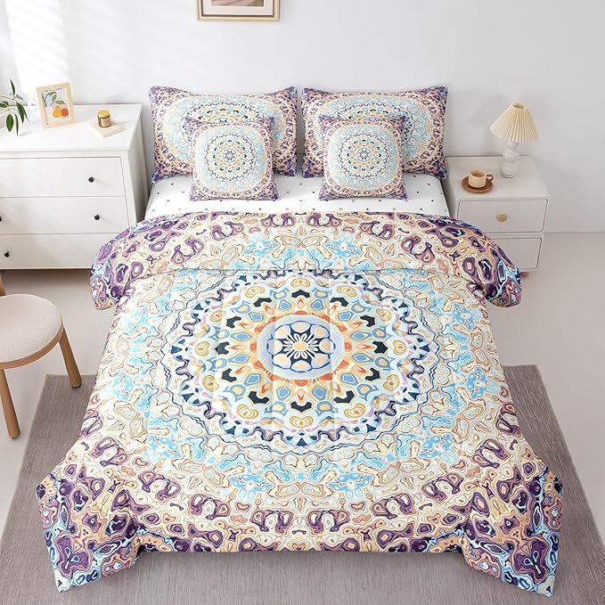 Bohemian Mandala Bedding Comforter Sets Vintage Art Deco Bed in a Bag, Oriental Flower Bedding Set Abstract Artwork King Comforter Set 7-Piece, Retro Medallion Bed Sheets Set Navy Blue Beige Puple