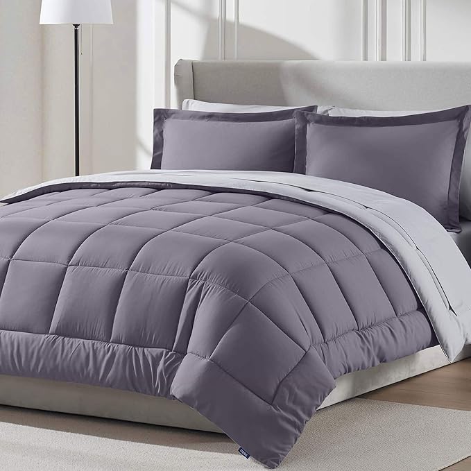 Nestl 7 Piece King Comforter Set – Grayish Purple Reversible Bed in a Bag – Complete King Size Bedding Set with Sheets, Pillowcases and Shams