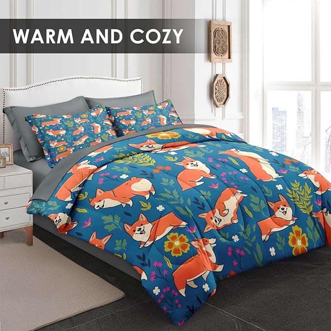 Comforter Set Queen Size, Cute Dog Corgi 7 Pcs Bedding for Kids and Adults, Flower Funny Grey Bed Sheet Sets with Fitted Sheet 2 Pillowcases & 2 Shams for Bedroom Bed Decor