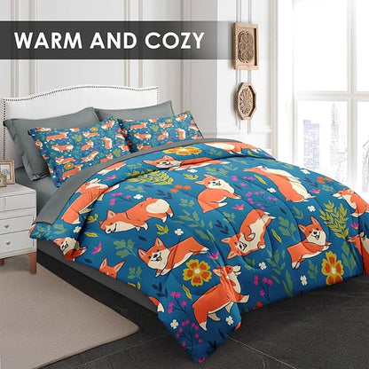 Comforter Set Full Size, Cute Dog Corgi 7 Pcs Bedding for Kids and Adults, Flower Funny Grey Bed Sheet Sets with Fitted Sheet 2 Pillowcases & 2 Shams for Bedroom Bed Decor