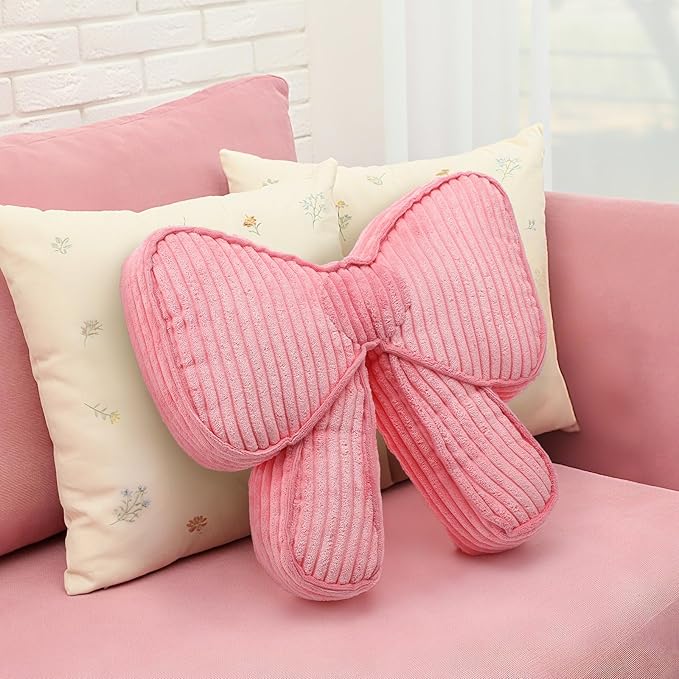 Pink Bow Pillow 12'' Coquettish Bow Shaped Decorative Pillows Soft Corduroy Pink Cushion for Girls Women Room Bed Sofa Couch Aesthetic Home Decor Gift