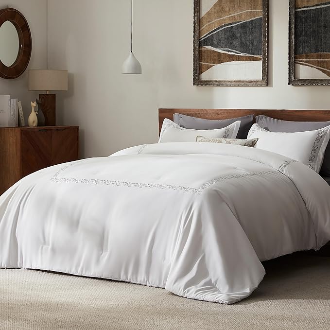 SLEEP ZONE Queen Comforter Set, Luxury Hotel Collection Comforter, 3 Pieces Fluffy Lightweight Down Alternative Duvet Insert with Embroidered Stripes (Natural Branches, Full/Queen)