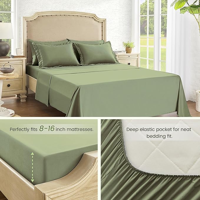 QUIETSEA Queen Bed in a Bag 7 Pieces Comforter Set Queen, Wood Grain Texture Bedding Comforter Set Green Bed Set with Comforter, Pillowcases, Flat Sheet, Fitted Sheet and Pillow Shams
