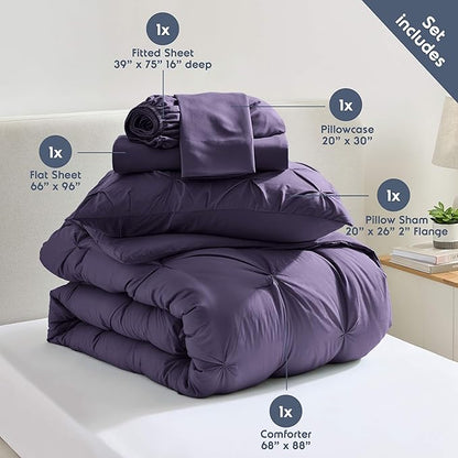 Nestl Twin Comforter Set 5 Piece - Pintuck Twin Bedding Sets Purple, College Dorm Room Essentials for Girls and Boys Bed in a Bag Twin All Season, Twin Comforter Set with Sheets, Pillowcase and Sham