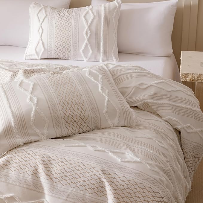 KAREVER Ivory Boho Comforter Set Full Mixed Textures Jacquard Bedding Set Durable Chic and Stylish Bedroom Set