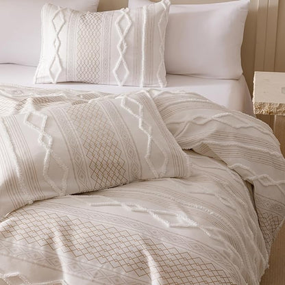 KAREVER Ivory Boho Comforter Set Queen Mixed Textures Jacquard Bedding Set Durable Chic and Stylish Bedroom Set