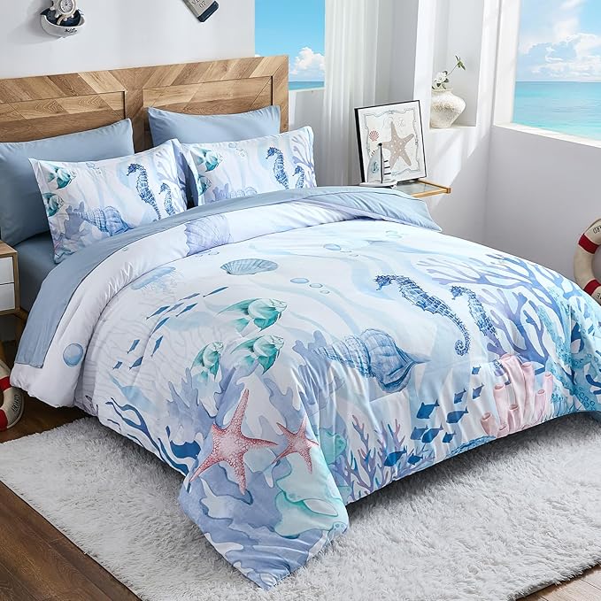 Comforter Set King Size Coastal, Coral Beach Themed Comforters Diving Deep Ocean Bedding with Sheets 7 Pieces Bed in a Bag for Spring Summer House Conch Decor