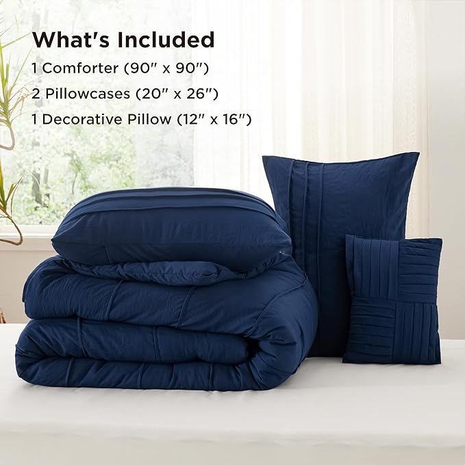 Bedsure Queen Comforter Set - 4 Pieces Pinch Pleat Bed Set, Navy Blue Boho Bedding for All Season, 1 Soft Comforter, 2 Pillowcases, 1 Decorative Pillow