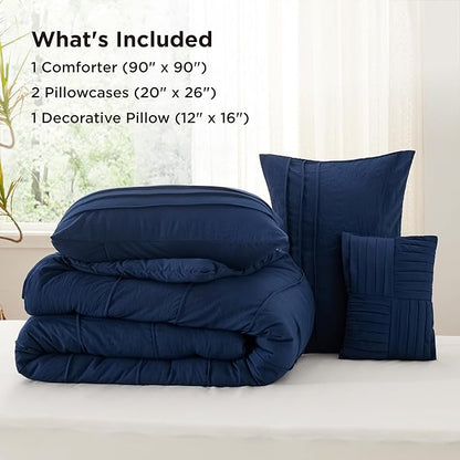 Bedsure Queen Comforter Set - 4 Pieces Pinch Pleat Bed Set, Navy Blue Boho Bedding for All Season, 1 Soft Comforter, 2 Pillowcases, 1 Decorative Pillow