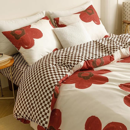 CLOTHKNOW Rust Sunflower Comforter Set Twin/Twin XL Caramel Beige Floral Bedding Comforter Sets Brown Plaid Comforter Twin Botanical Boho Comforter Bedding Sets