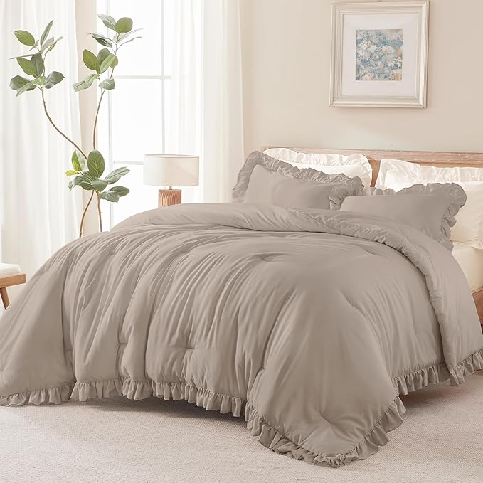 Andency Light Brown Ruffle Comforter Cal King(104x96Inch), 3 Pieces(1 Ruffled Comforter and 2 Pillowcases) Solid Farmhouse Shabby Chic Bed, Vintage Rustic Soft Microfiber Bedding Set