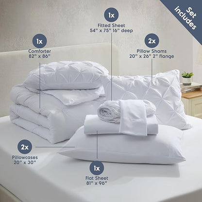 Nestl Comforter Set 7 Piece - Pinch Pleated Bedding Sets Full White, All Season Bed in a Bag Bed Set with Pillowcases and Shams