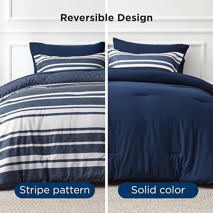 Bedsure California King Comforter Set 7 Pieces, Blue Striped Bedding Set for All Seasons, Reversible, Cationic Dyeing Bed in a Bag with Comforter, Sheets, Pillowcases & Shams