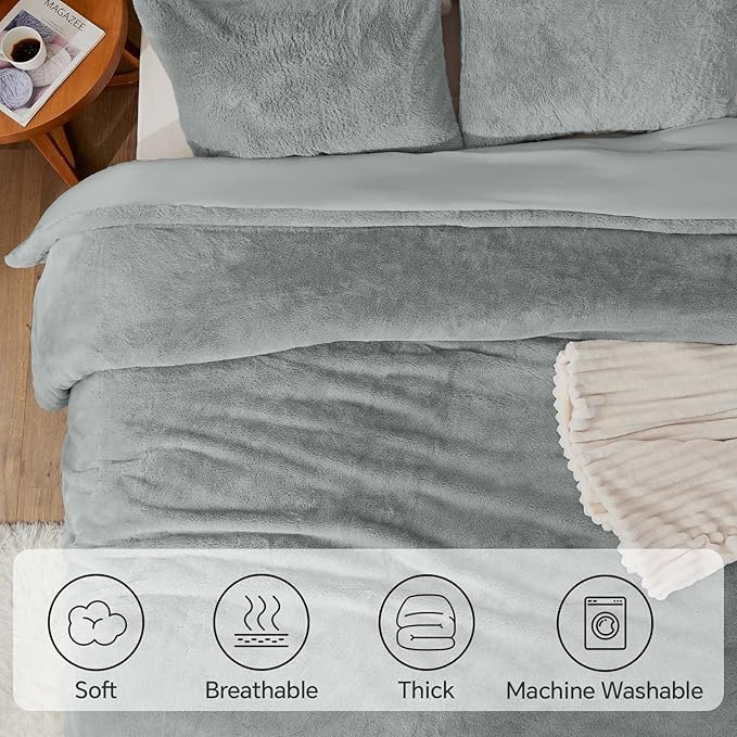 BEDELITE Faux Fur Fleece King Comforter Set - Fluffy & Warm Grey Comforter King Size，Ultra Soft and Cozy Winter Bedding Set,Fuzzy Thick Bed Set,1 Comforter and 2 Pillowcases