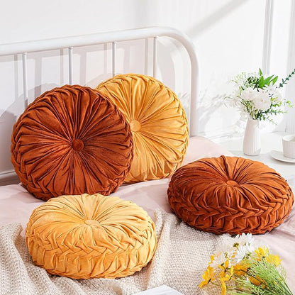 4 Pcs Round Throw Pillows Decorative Velvet Pleated Throw Pillows 15'' Diameter Accent Pumpkin Boho Chair Cushion for Couch Sofa Chair Bed Home Decoration (Burnt Orange,Yellow)