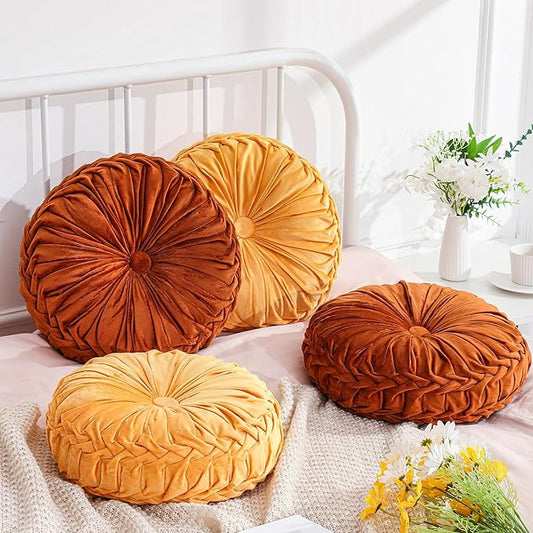 4 Pcs Round Throw Pillows Decorative Velvet Pleated Throw Pillows 15'' Diameter Accent Pumpkin Boho Chair Cushion for Couch Sofa Chair Bed Home Decoration (Burnt Orange,Yellow)